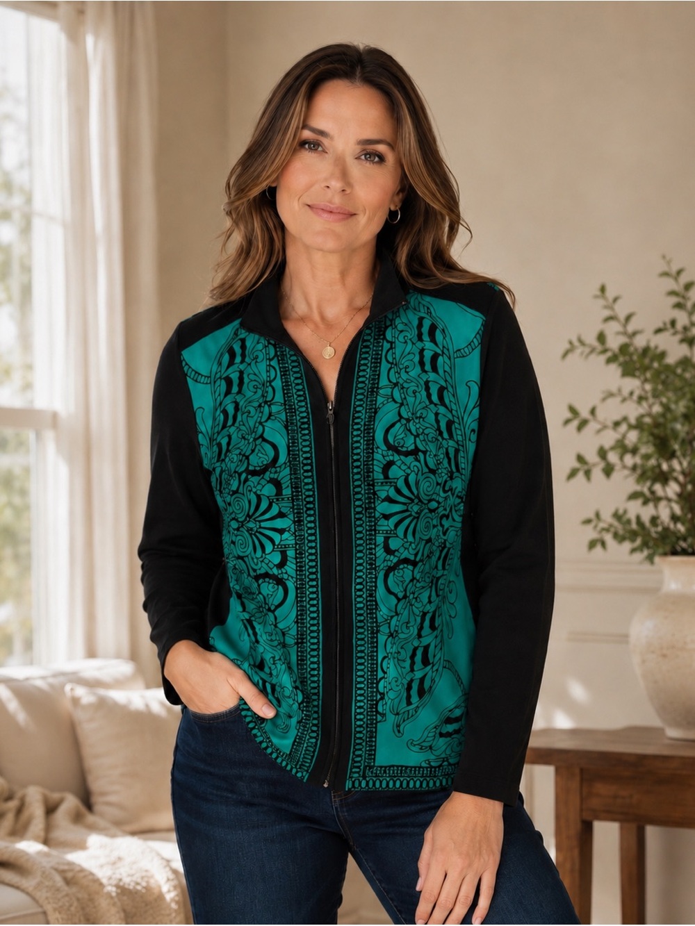 Susan Graver Knit Full Zip Flocked Velvet Jacket Large Eclectic Statement Piece